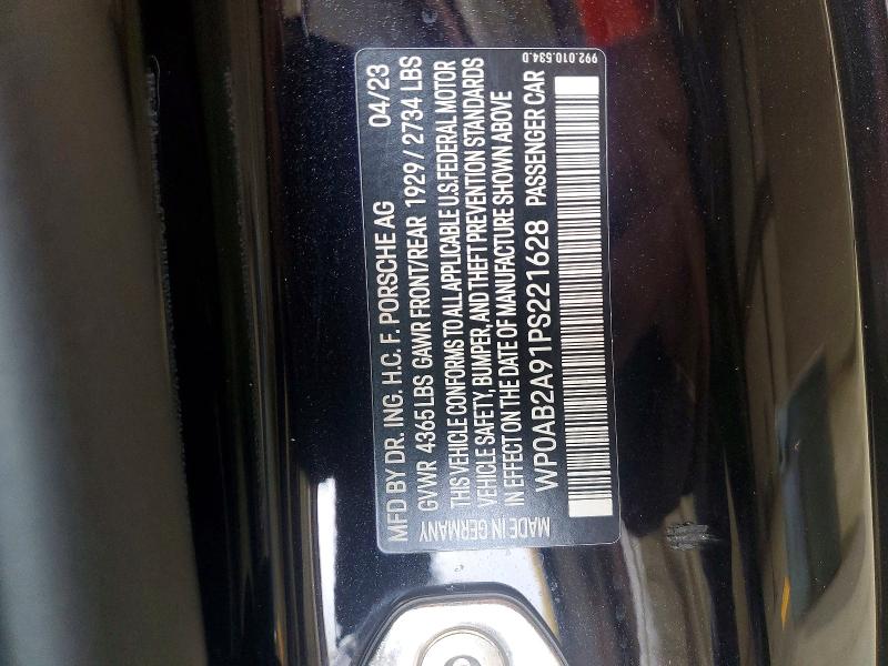 65273576 :رقم المزاد ، WP0AB2A91PS221628 vin ، 2023 Porsche 911 مزاد بيع
