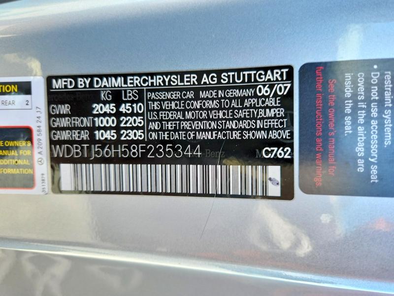 2008 Mercedes-benz Clk მანქანა იყიდება აუქციონზე, vin: WDBTJ56H58F235344, აუქციონის ნომერი: 65834306