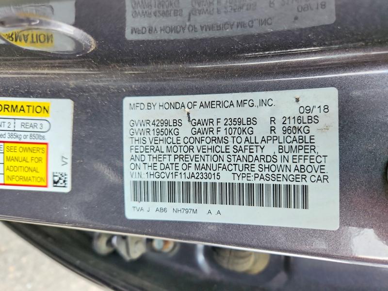 2018 Honda Accord მანქანა იყიდება აუქციონზე, vin: 1HGCV1F11JA233015, აუქციონის ნომერი: 64183386