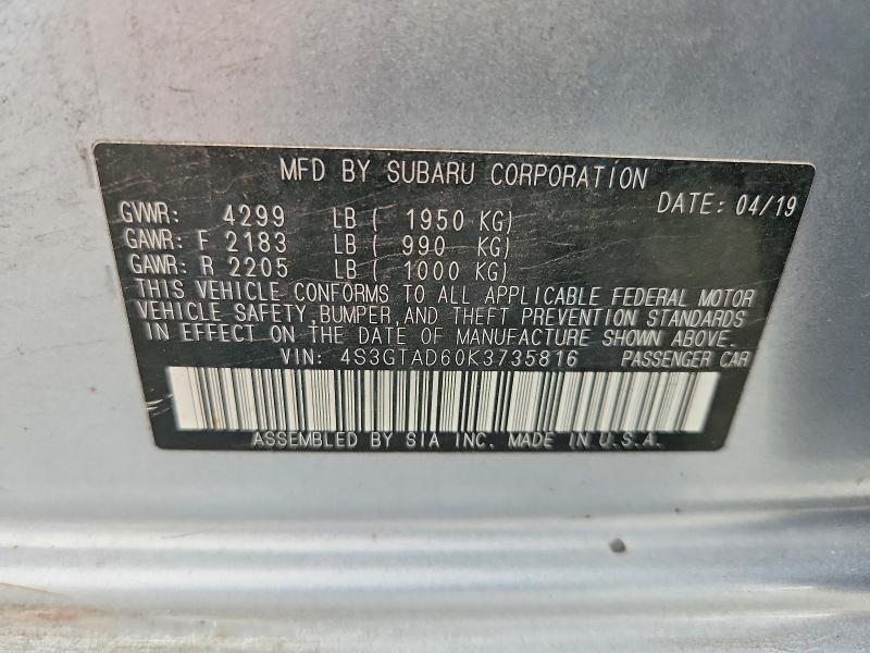 2019 Subaru Impreza მანქანა იყიდება აუქციონზე, vin: 4S3GTAD60K3735816, აუქციონის ნომერი: 63770926