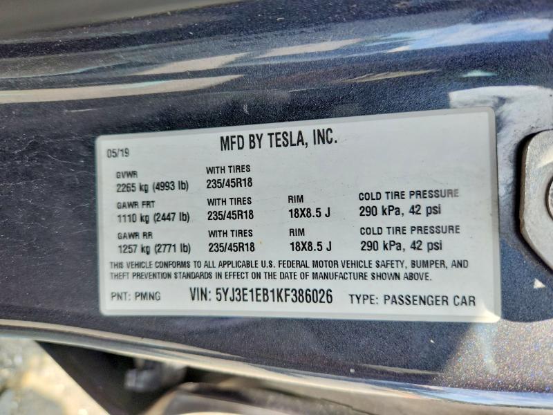 62940966 :رقم المزاد ، 5YJ3E1EB1KF386026 vin ، 2019 Tesla Model 3 مزاد بيع