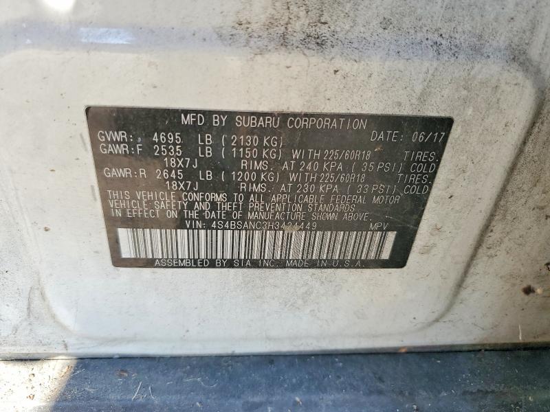 67257146 :رقم المزاد ، 4S4BSANC3H3424449 vin ، 2017 Subaru Outback مزاد بيع
