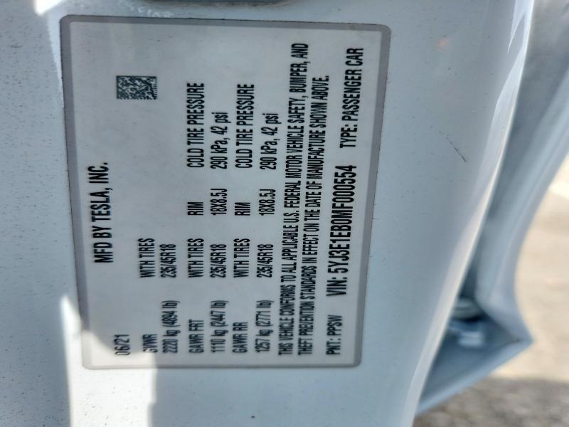 Продаж на аукціоні авто 2021 Tesla Model 3, vin: 5YJ3E1EB0MF000554, номер лоту: 65145456