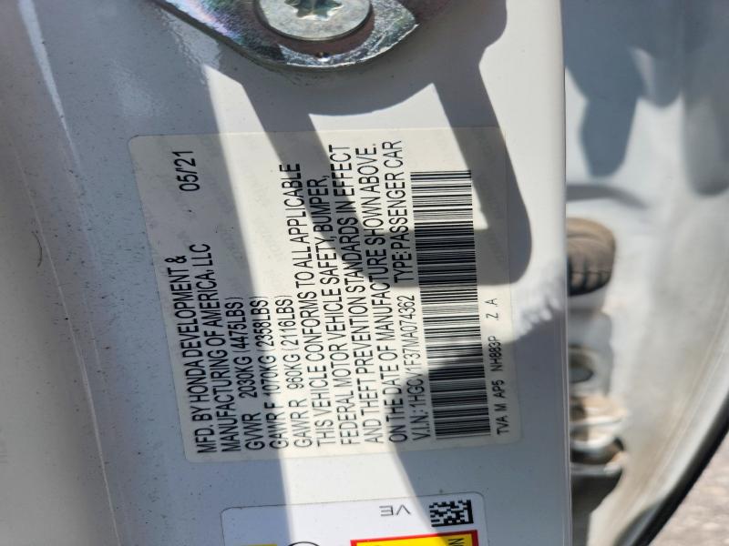 Продаж на аукціоні авто 2021 Honda Accord, vin: 1HGCV1F37MA074362, номер лоту: 64131666