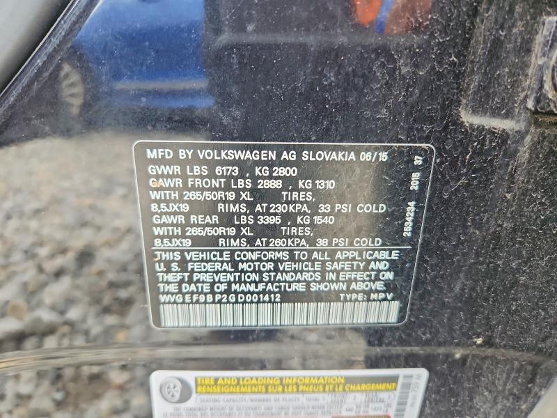 2016 Volkswagen Touareg მანქანა იყიდება აუქციონზე, vin: WVGEF9BP2GD001412, აუქციონის ნომერი: 65031456