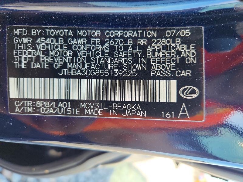 2005 Lexus Es მანქანა იყიდება აუქციონზე, vin: JTHBA30G855139225, აუქციონის ნომერი: 67260686