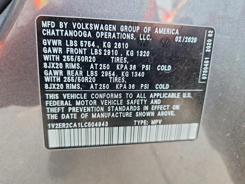 63803616 :رقم المزاد ، 1V2ER2CA1LC504943 vin ، 2020 Volkswagen Atlas مزاد بيع