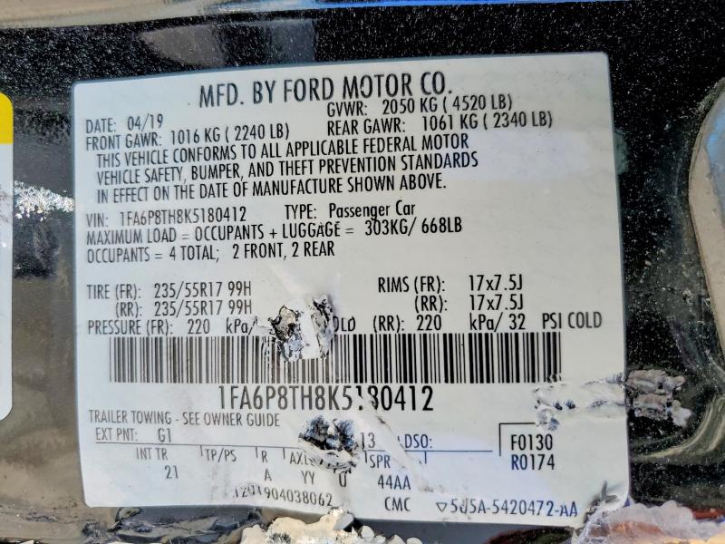 2019 Ford Mustang მანქანა იყიდება აუქციონზე, vin: 1FA6P8TH8K5180412, აუქციონის ნომერი: 64918786