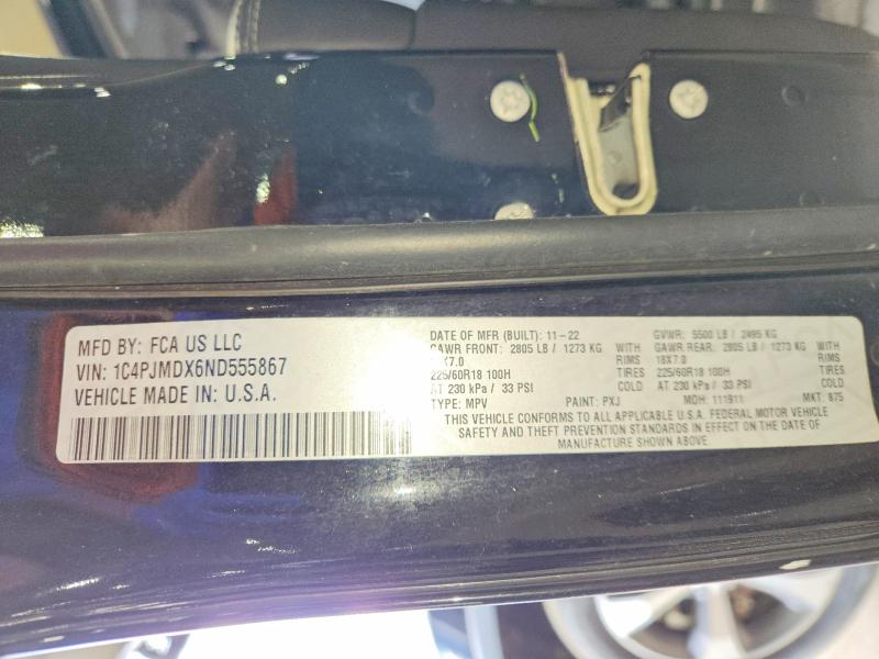 2022 Jeep Cherokee მანქანა იყიდება აუქციონზე, vin: 1C4PJMDX6ND555867, აუქციონის ნომერი: 66444846