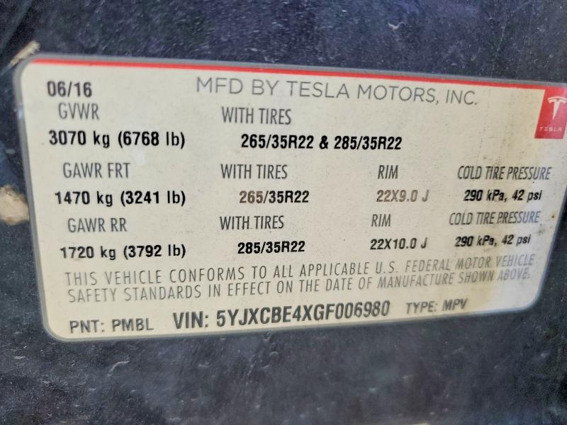 Продажа на аукционе авто 2016 Tesla Model X, vin: 5YJXCBE4XGF006980, номер лота: 63447386