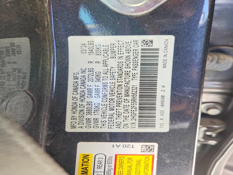 2024 Honda Civic მანქანა იყიდება აუქციონზე, vin: 2HGFE2F55RH562321, აუქციონის ნომერი: 65029326