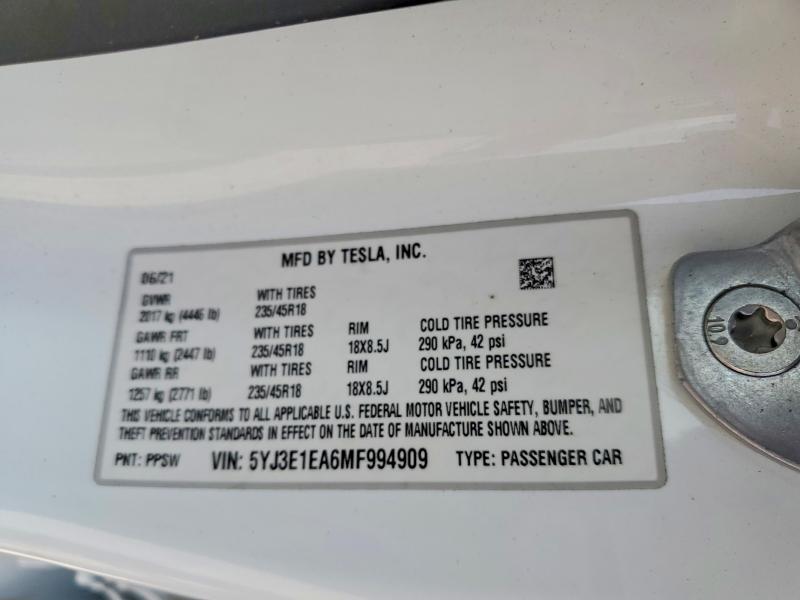 2021 Tesla Model 3 მანქანა იყიდება აუქციონზე, vin: 5YJ3E1EA6MF994909, აუქციონის ნომერი: 63744876