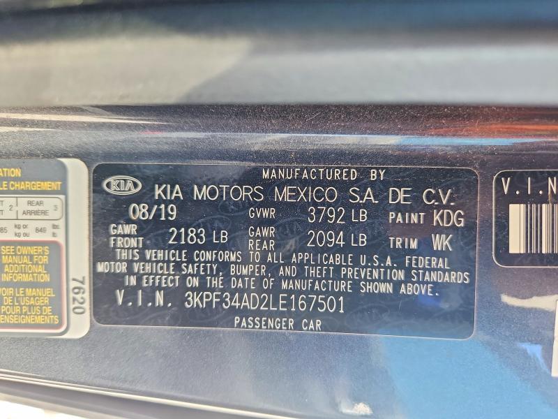2020 Kia Forte მანქანა იყიდება აუქციონზე, vin: 3KPF34AD2LE167501, აუქციონის ნომერი: 67038996