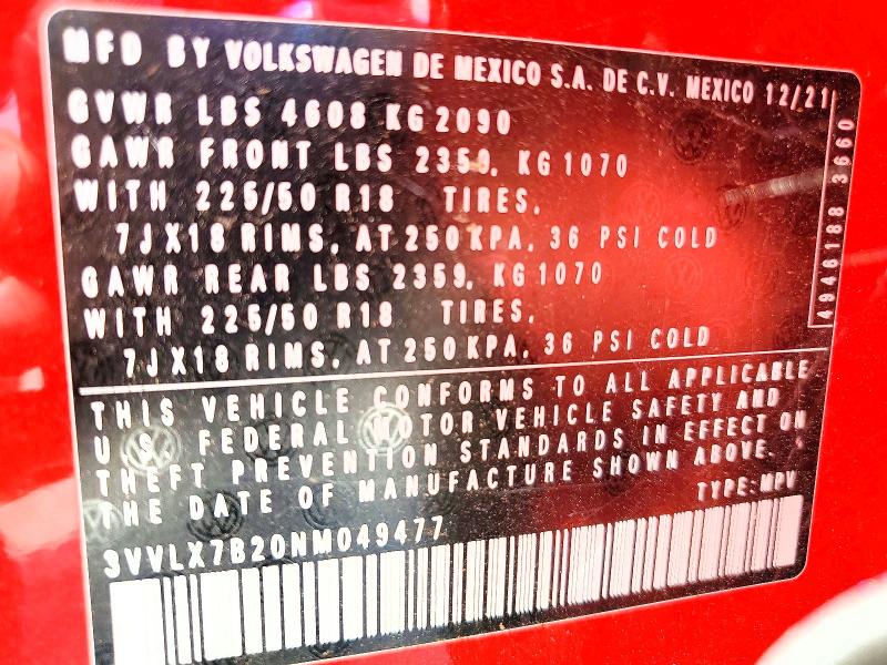 64757206 :رقم المزاد ، 3VVLX7B20NM049477 vin ، 2022 Volkswagen Taos مزاد بيع