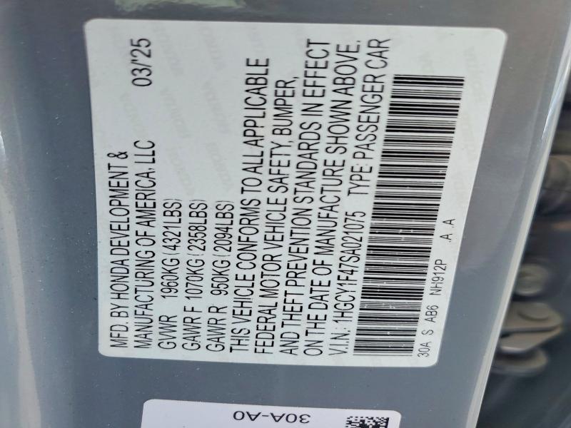 Aukcja sprzedaży 2025 Honda Accord, vin: 1HGCY1F47SA021075, numer aukcji: 66994826
