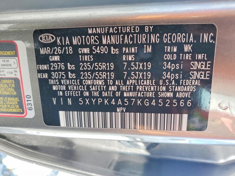 63744526 :رقم المزاد ، 5XYPK4A57KG452566 vin ، 2019 Kia Sorento مزاد بيع