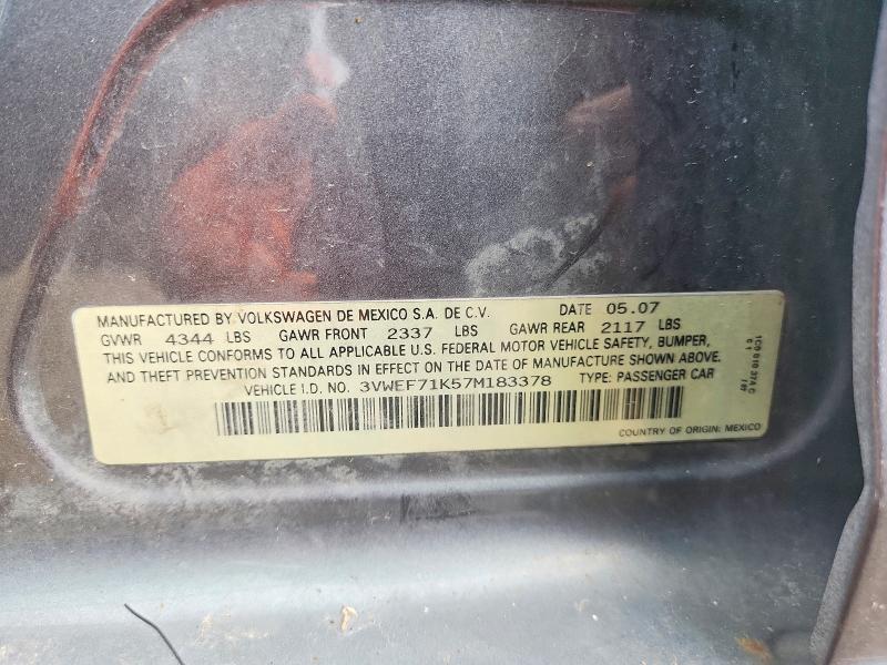 Продаж на аукціоні авто 2007 Volkswagen Jetta, vin: 3VWEF71K57M183378, номер лоту: 65342396