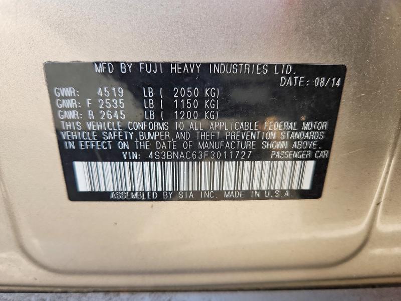 2015 Subaru Legacy მანქანა იყიდება აუქციონზე, vin: 4S3BNAC63F3011727, აუქციონის ნომერი: 66655786