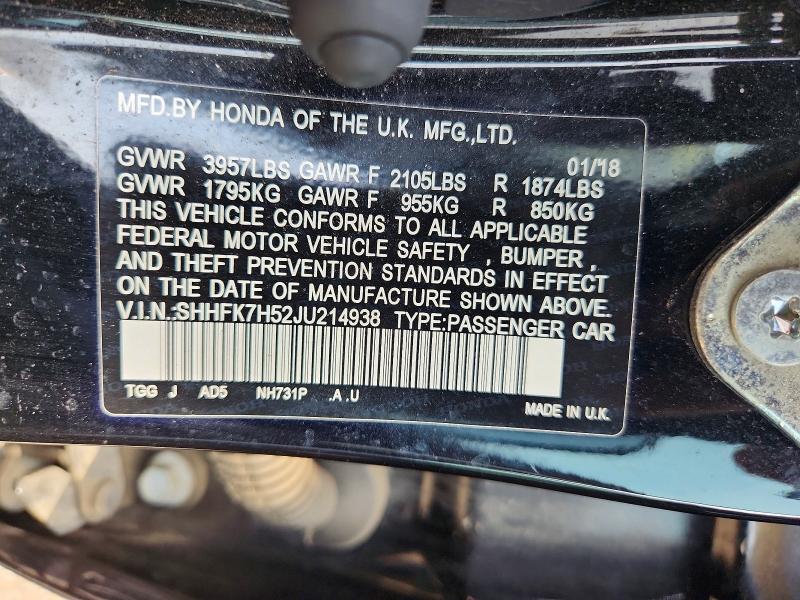 Продаж на аукціоні авто 2018 Honda Civic, vin: SHHFK7H52JU214938, номер лоту: 64652076