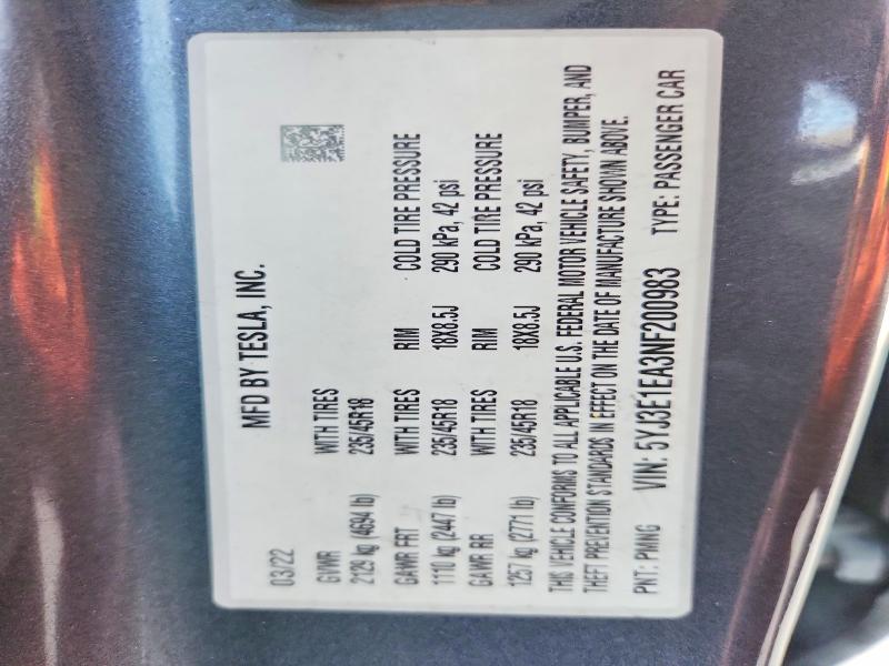 65436506 :رقم المزاد ، 5YJ3E1EA3NF200983 vin ، 2022 Tesla Model 3 مزاد بيع