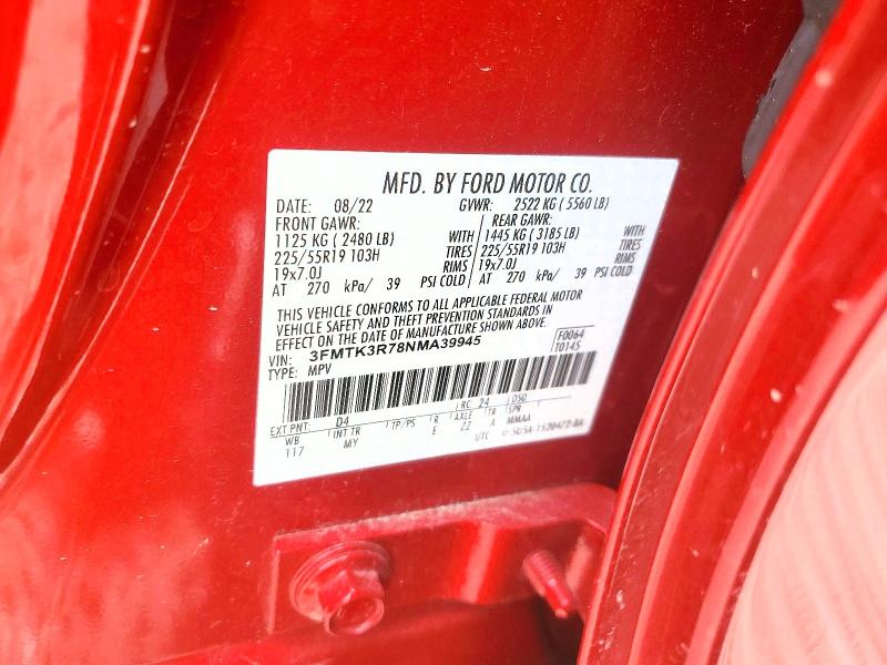 2022 Ford Mustang Mach-e მანქანა იყიდება აუქციონზე, vin: 3FMTK3R78NMA39945, აუქციონის ნომერი: 63593516