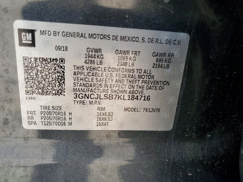 65181986 :رقم المزاد ، 3GNCJLSB7KL184716 vin ، 2019 Chevrolet Trax مزاد بيع