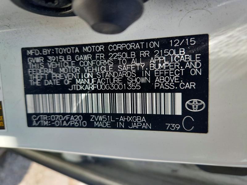 2016 Toyota Prius მანქანა იყიდება აუქციონზე, vin: JTDKARFU0G3001355, აუქციონის ნომერი: 65641316