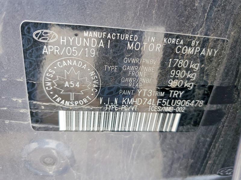 64185146 :رقم المزاد ، KMHD74LF5LU906478 vin ، 2020 Hyundai Elantra مزاد بيع