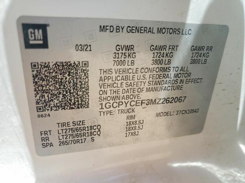 Aukcja sprzedaży 2021 Chevrolet Silverado, vin: 1GCPYCEF3MZ262067, numer aukcji: 65742336