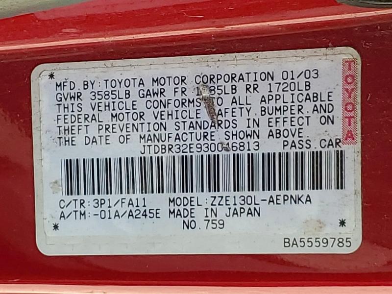 Продажа на аукционе авто 2003 Toyota Corolla, vin: JTDBR32E930046813, номер лота: 61645786