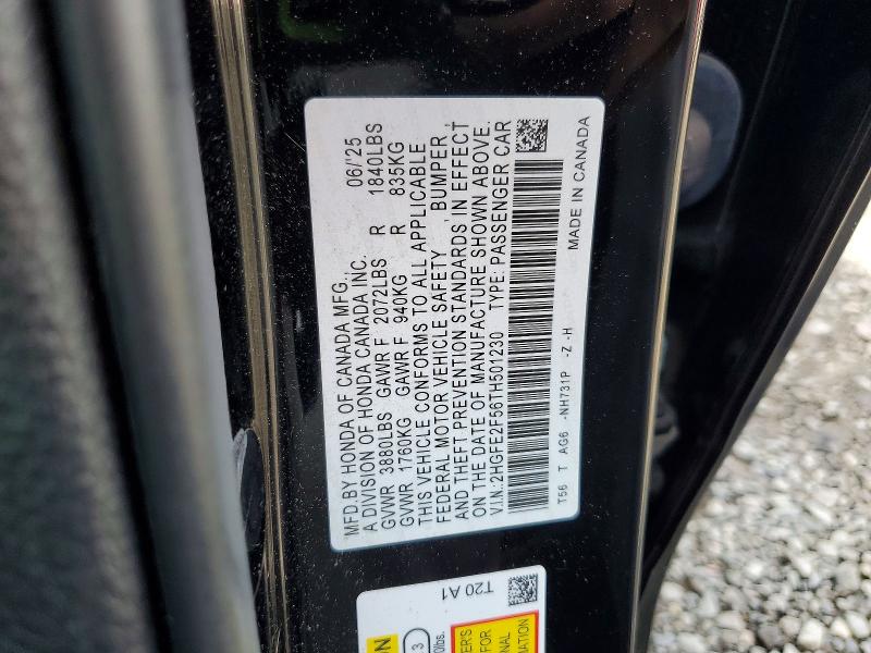 2026 Honda Civic მანქანა იყიდება აუქციონზე, vin: 2HGFE2F56TH501230, აუქციონის ნომერი: 65466426