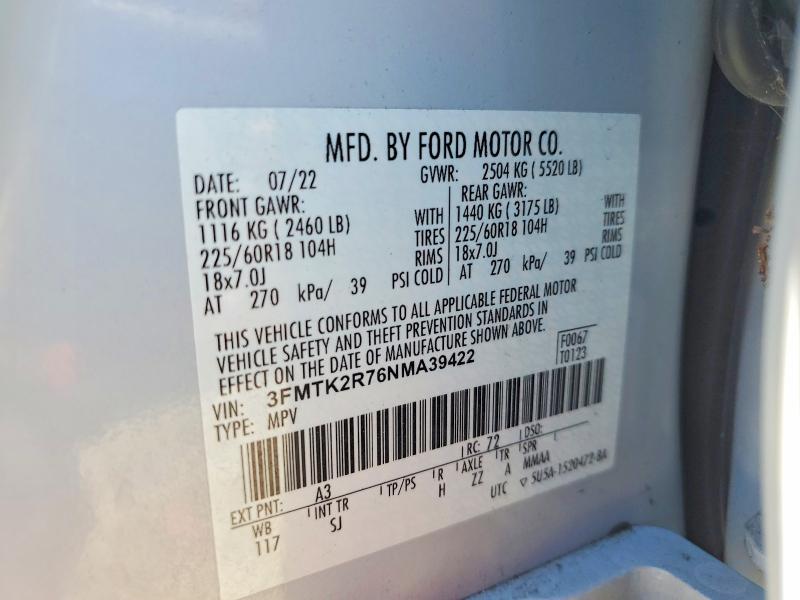 64309276 :رقم المزاد ، 3FMTK2R76NMA39422 vin ، 2022 Ford Mustang Mach-e مزاد بيع