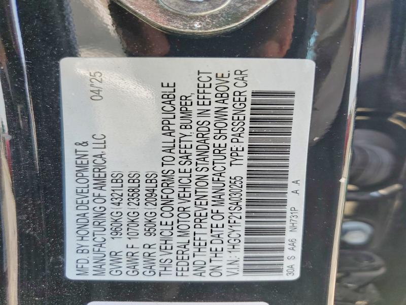 2025 Honda Accord მანქანა იყიდება აუქციონზე, vin: 1HGCY1F21SA030255, აუქციონის ნომერი: 64992216