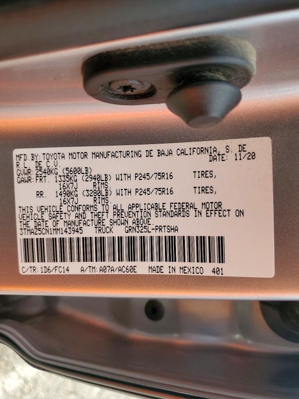 Aukcja sprzedaży 2021 Toyota Tacoma, vin: 3TMAZ5CN1MM143945, numer aukcji: 64576356