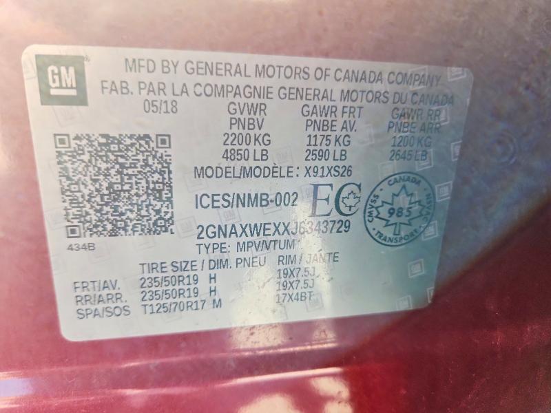 Aukcja sprzedaży 2018 Chevrolet Equinox, vin: 2GNAXWEXXJ6343729, numer aukcji: 66340276