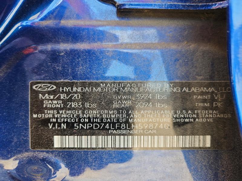 Aukcja sprzedaży 2020 Hyundai Elantra, vin: 5NPD74LF8LH598740, numer aukcji: 66781176