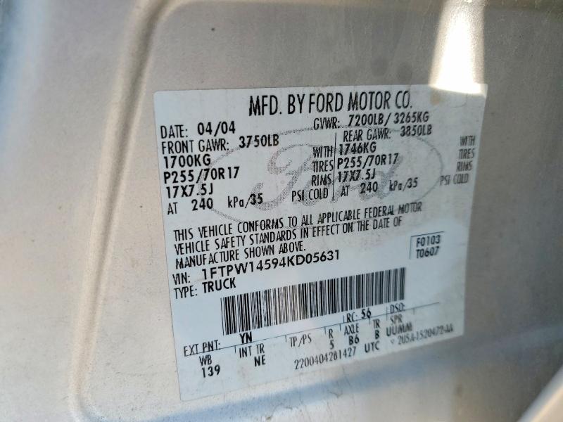 2004 Ford F150 მანქანა იყიდება აუქციონზე, vin: 1FTPW14594KD05631, აუქციონის ნომერი: 64266826
