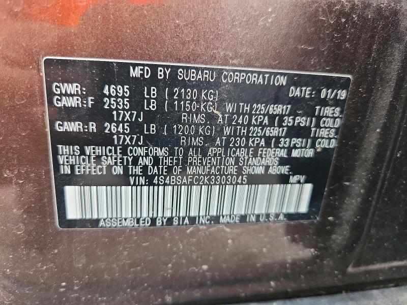 2019 Subaru Outback მანქანა იყიდება აუქციონზე, vin: 4S4BSAFC2K3303045, აუქციონის ნომერი: 65859066