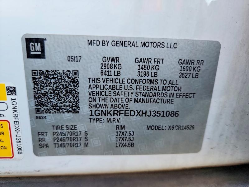 Auction sale of the 2017 Chevrolet Traverse, vin: 1GNKRFEDXHJ351086, lot number: 65329376
