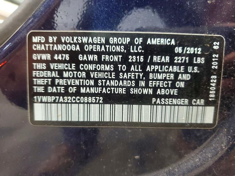 Продаж на аукціоні авто 2012 Volkswagen Passat, vin: 1VWBP7A32CC088572, номер лоту: 64546116