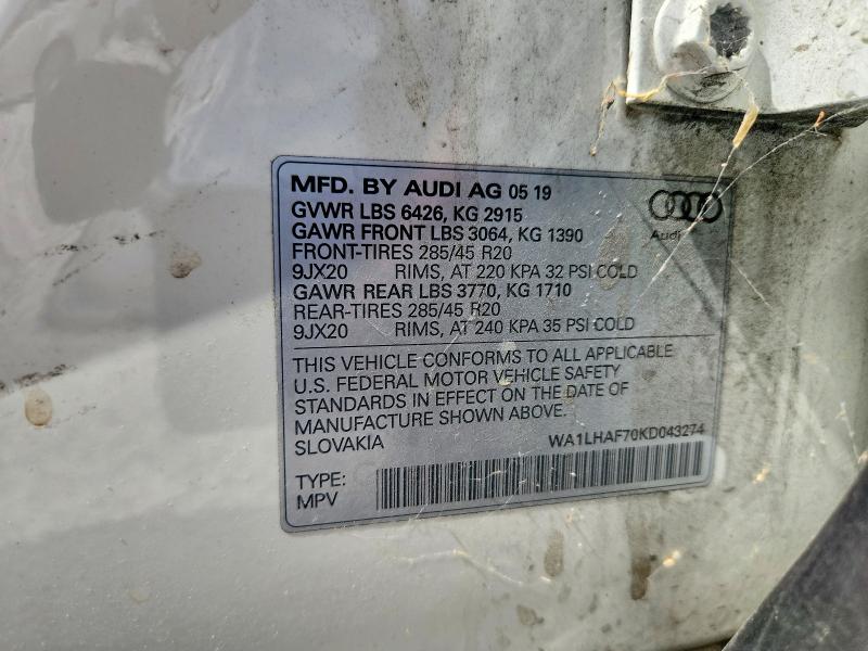 65891836 :رقم المزاد ، WA1LHAF70KD043274 vin ، 2019 Audi Q7 مزاد بيع