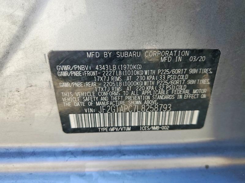 2020 Subaru Crosstrek მანქანა იყიდება აუქციონზე, vin: JF2GTAPC7L8258793, აუქციონის ნომერი: 66502426