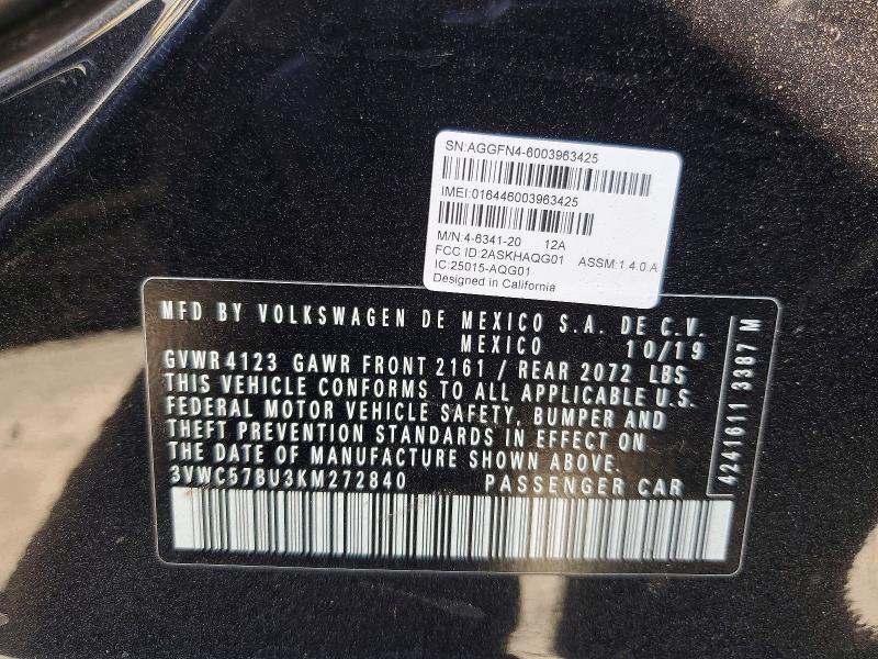 Auction sale of the 2019 Volkswagen Jetta, vin: 3VWC57BU3KM272840, lot number: 64995916