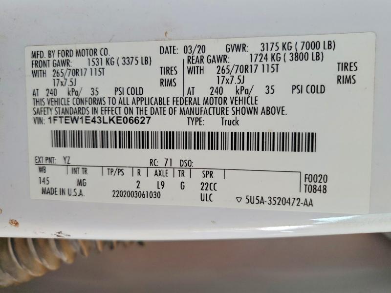 2020 Ford F150 მანქანა იყიდება აუქციონზე, vin: 1FTEW1E43LKE06627, აუქციონის ნომერი: 64242346