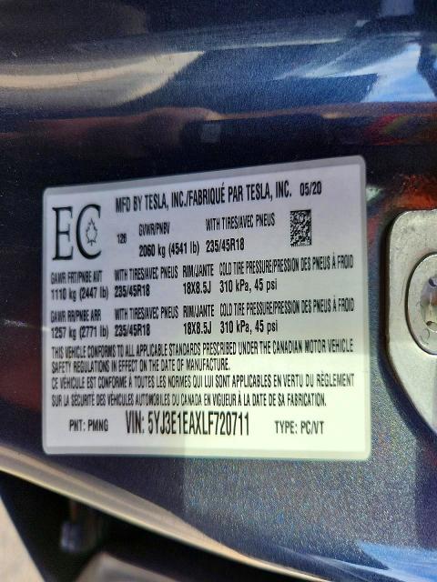 61702166 :رقم المزاد ، 5YJ3E1EAXLF720711 vin ، 2020 Tesla Model 3 مزاد بيع