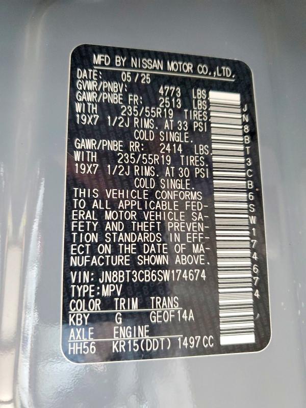 Продаж на аукціоні авто 2025 Nissan Rogue, vin: JN8BT3CB6SW174674, номер лоту: 67139646