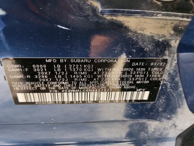 2022 Subaru Ascent მანქანა იყიდება აუქციონზე, vin: 4S4WMALD6N3427977, აუქციონის ნომერი: 64568236