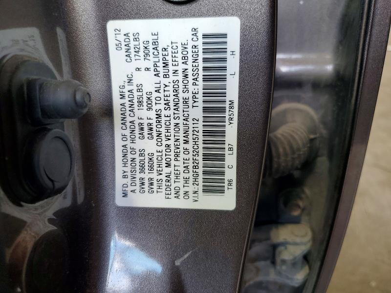2012 Honda Civic მანქანა იყიდება აუქციონზე, vin: 2HGFB2F52CH572112, აუქციონის ნომერი: 61647136