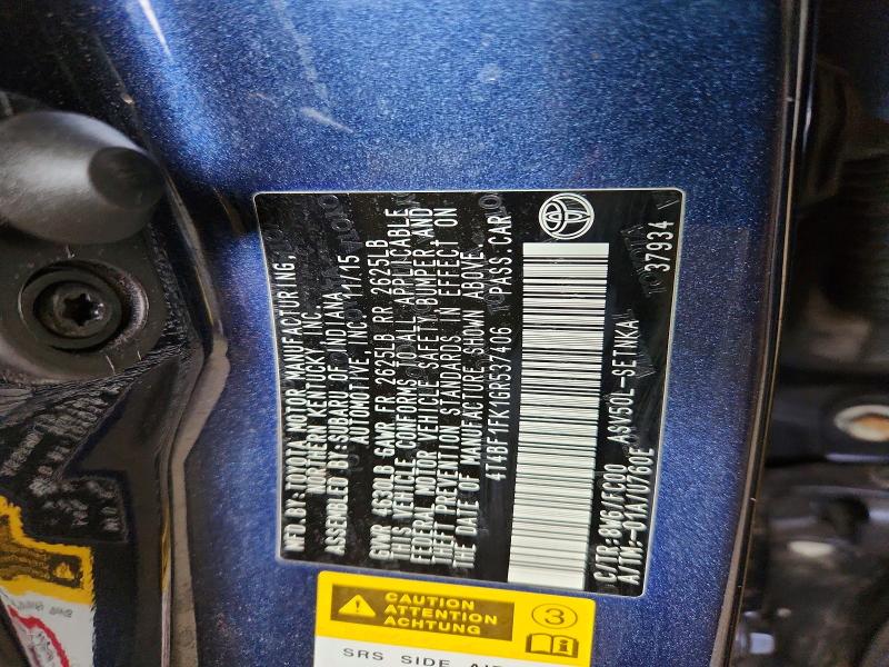 Aukcja sprzedaży 2016 Toyota Camry, vin: 4T4BF1FK1GR537406, numer aukcji: 64722586