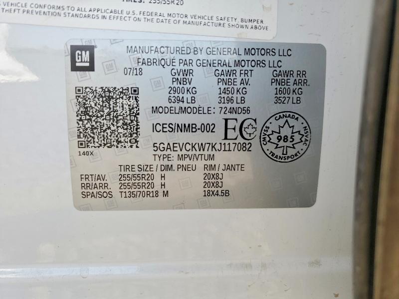 2019 Buick Enclave მანქანა იყიდება აუქციონზე, vin: 5GAEVCKW7KJ117082, აუქციონის ნომერი: 65589806